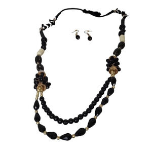 Black Gold Wrap Faux Rocks Beaded Necklace Set Earrings